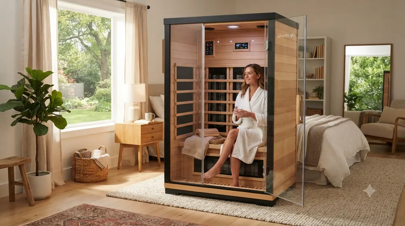 Sauna infrarossi portatile moderna aperta in una luminosa stanza con luce naturale
