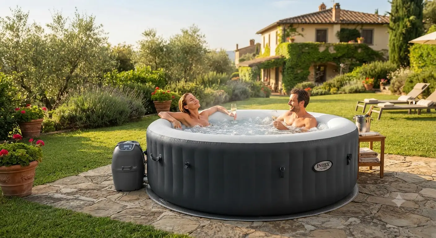 Vasca idromassaggio gonfiabile posizionata nel giardino di casa per momenti di relax all aperto