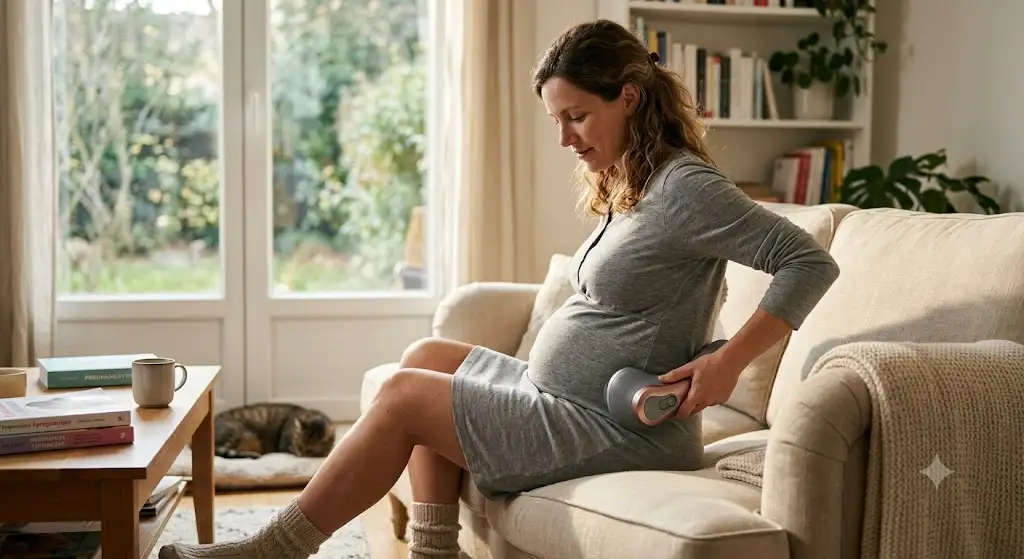 Femme enceinte assise soulageant son mal de dos avec un masseur adapté à la grossesse