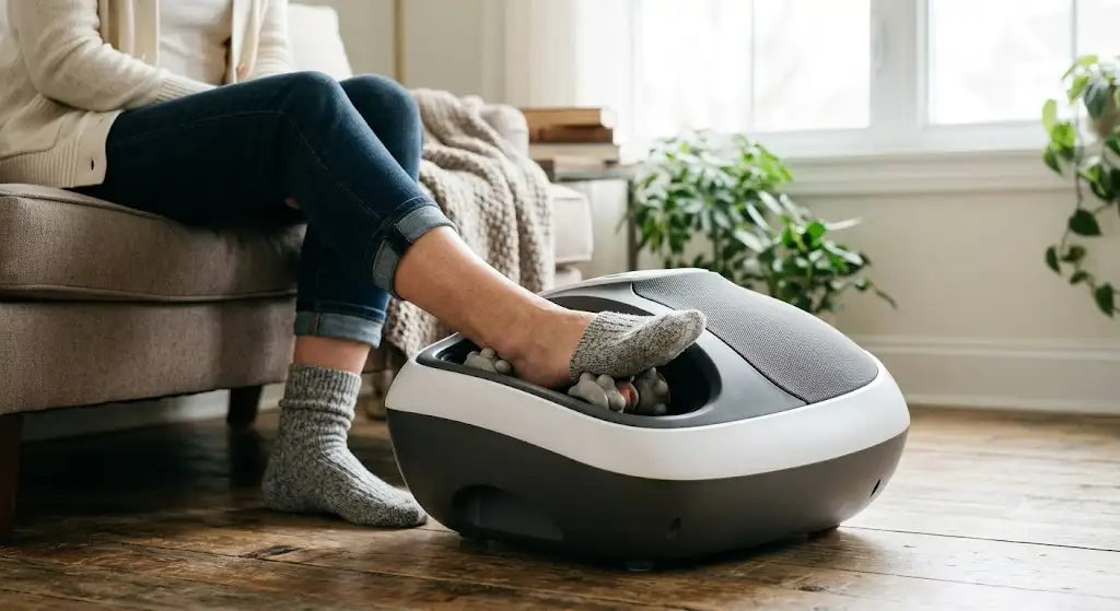 Utilisation d'un appareil massage fasciite plantaire électrique avec rouleaux shiatsu.