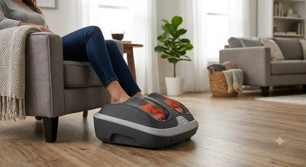 Masseur de pieds HoMedics en fonctionnement dans un salon moderne pour notre test et avis complet. (homedics masseur de pieds avis)