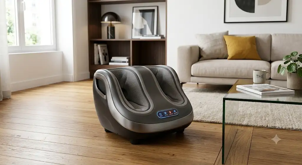 Masseur de pieds premium au design moderne posé sur un parquet dans un salon contemporain
