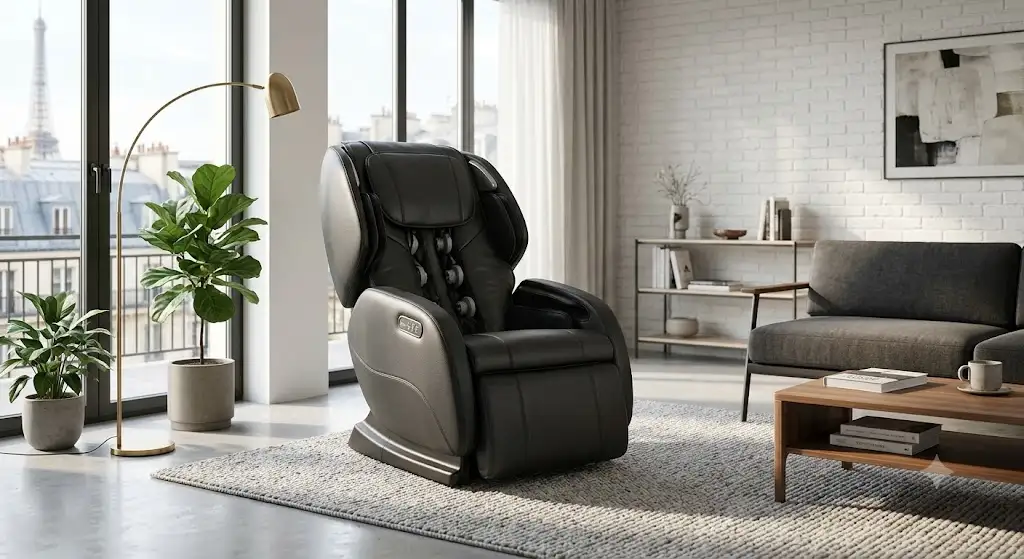 Fauteuil massant à rouleaux 4D haut de gamme installé dans un salon contemporain