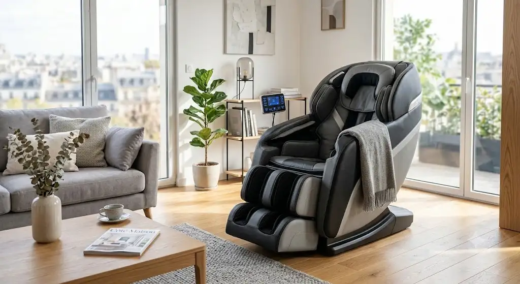 fauteuil massant mouvement complet du corps installé dans un salon moderne et lumineux .