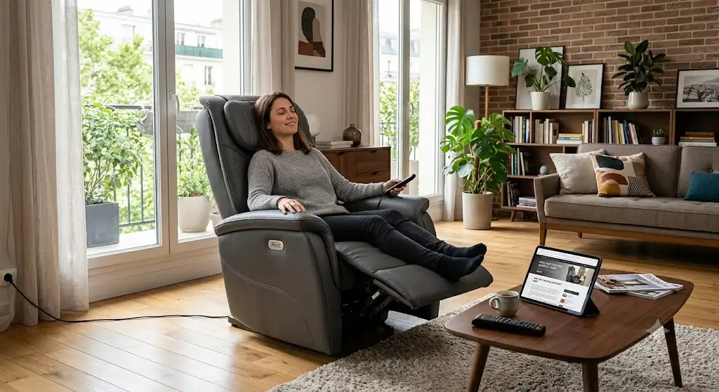 Fauteuil massant iRest installé dans un salon moderne pour test et avis consommateur. (irest fauteuil massant avis)