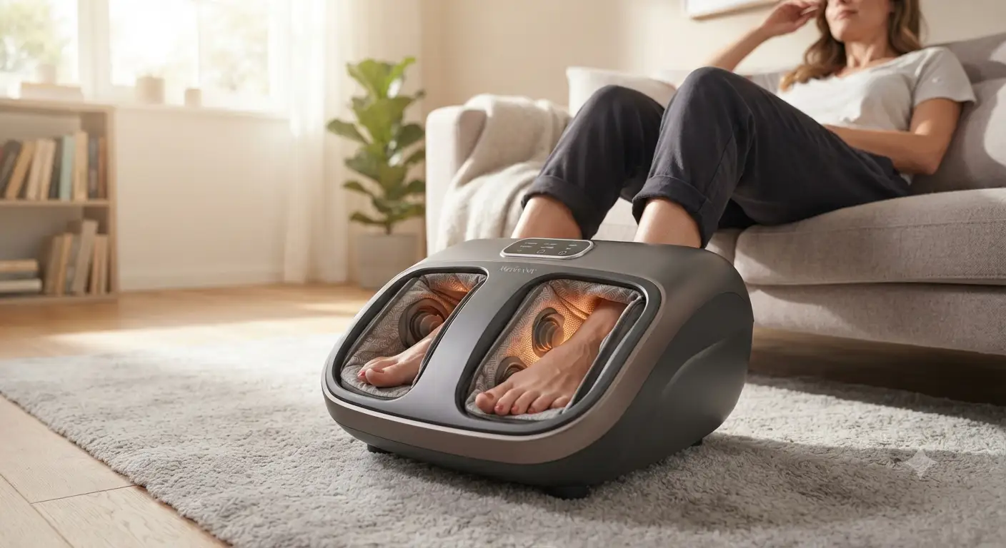 Un moderno massaggiatore per piedi elettrico con tecnologia shiatsu e funzione riscaldante per il relax a casa.