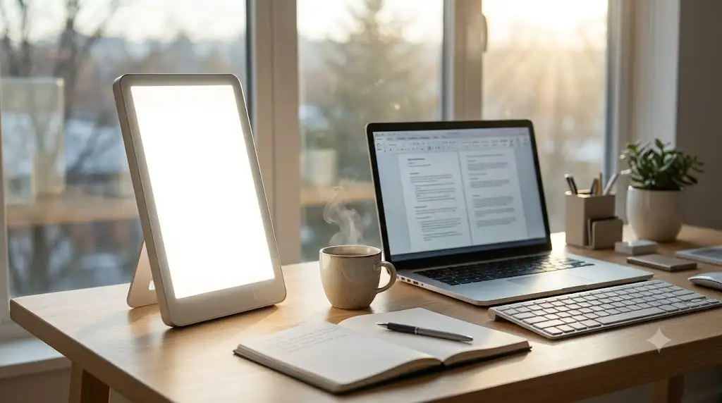 Appareil de luminothérapie de 10 000 lux posé sur un bureau de travail pour une séance matinale de photothérapie.