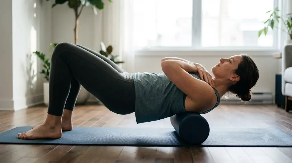 Utilisation d'un foam roller lisse pour l'automassage et le soulagement du dos sur tapis de sol