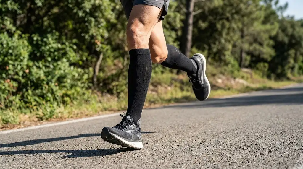 Coureur sur route portant des chaussettes de compression sport noires pour le running