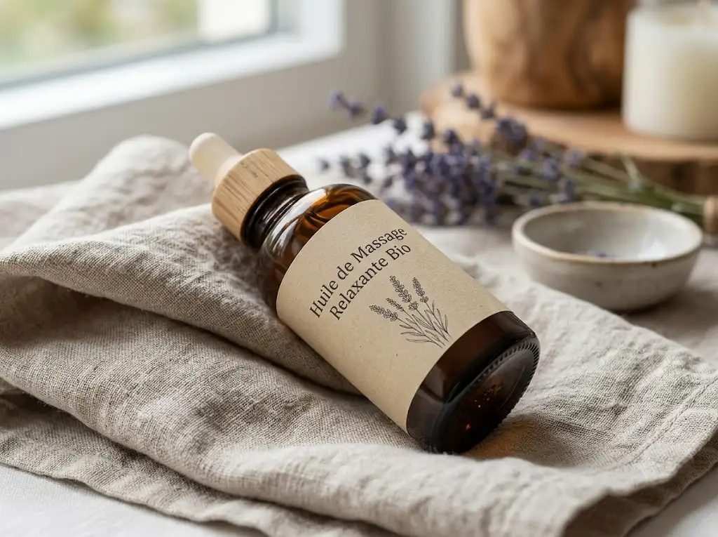 Flacon en verre d'huile de massage relaxante biologique à la lavande posé sur une serviette en lin
