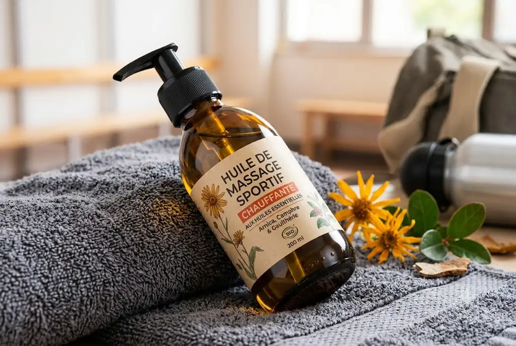 Flacon en verre d'huile de massage sportif chauffante aux huiles essentielles posé sur une serviette