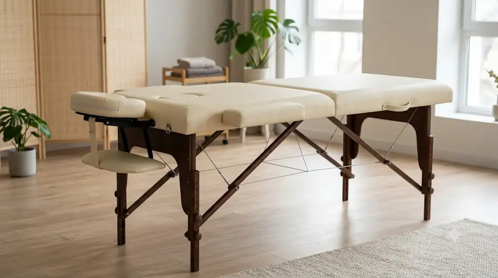 Table de massage pliante professionnelle en bois avec têtière ergonomique réglable et repose-bras