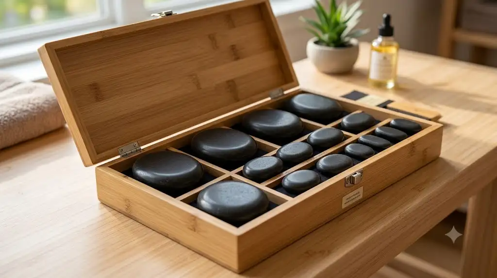 Kit complet de pierres chaudes de massage en basalte noir poli disposées dans leur coffret en bambou
