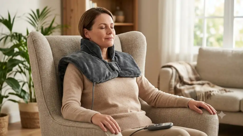 Femme soulageant son mal de dos assise dans un fauteuil avec un coussin chauffant électrique ergonomique pour les cervicales