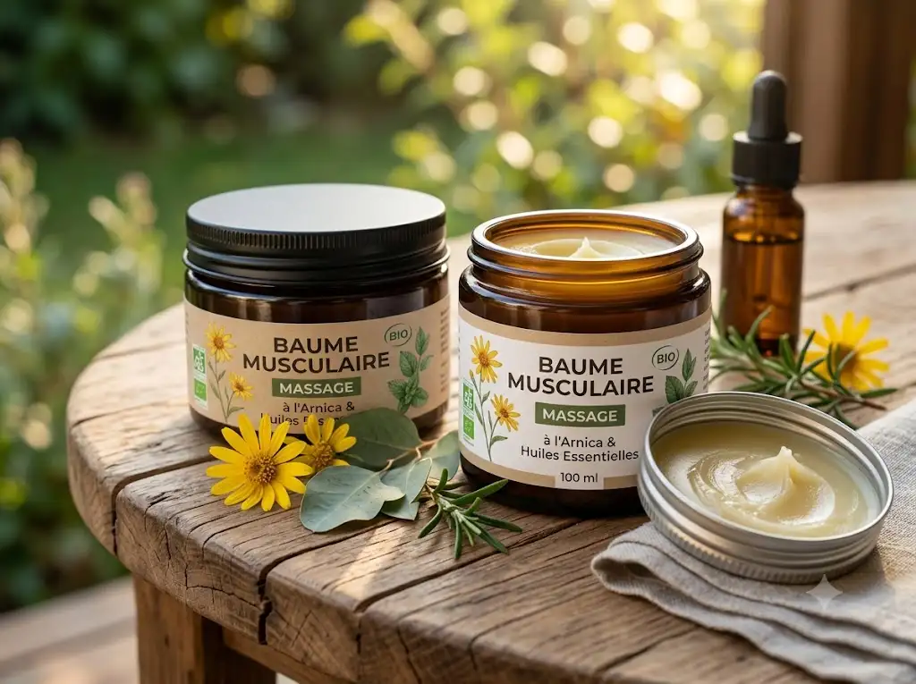 Pot de baume musculaire de massage bio à base d'arnica et d'huiles essentielles posé sur une table en bois. (baume musculaire massage)