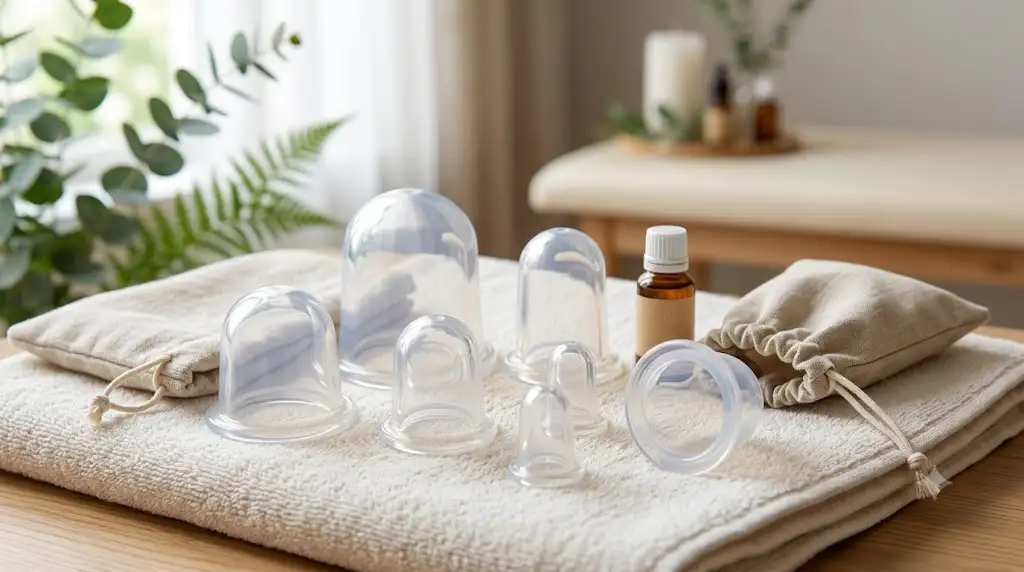 Kit complet de ventouses de massage cupping en silicone transparent posé sur une serviette