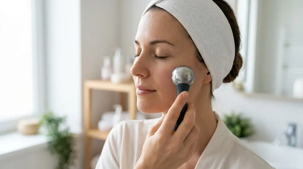 Application d'un rouleau de cryothérapie pour le massage du visage afin de réduire les poches et raffermir la peau. (rouleau de cryothérapie massage)