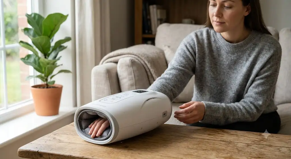 Femme insérant sa main dans un masseur de mains à compression d'air pour un moment de relaxation à domicile. (masseur de mains compression air)