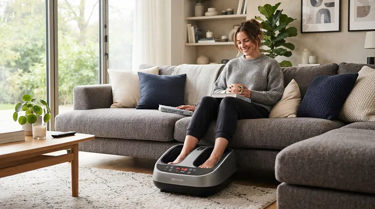 Donna rilassata sul divano che utilizza moderni massaggiatori per piedi premium con funzione riscaldante in un elegante soggiorno.